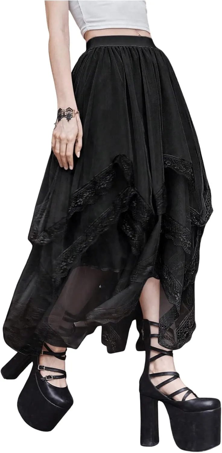 SHENHE Women's Lace Trim Layered Mesh Tulle Skirt High Waist Asymmetrical Long Goth Skirt
