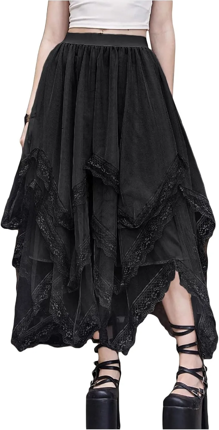 SHENHE Women's Lace Trim Layered Mesh Tulle Skirt High Waist Asymmetrical Long Goth Skirt