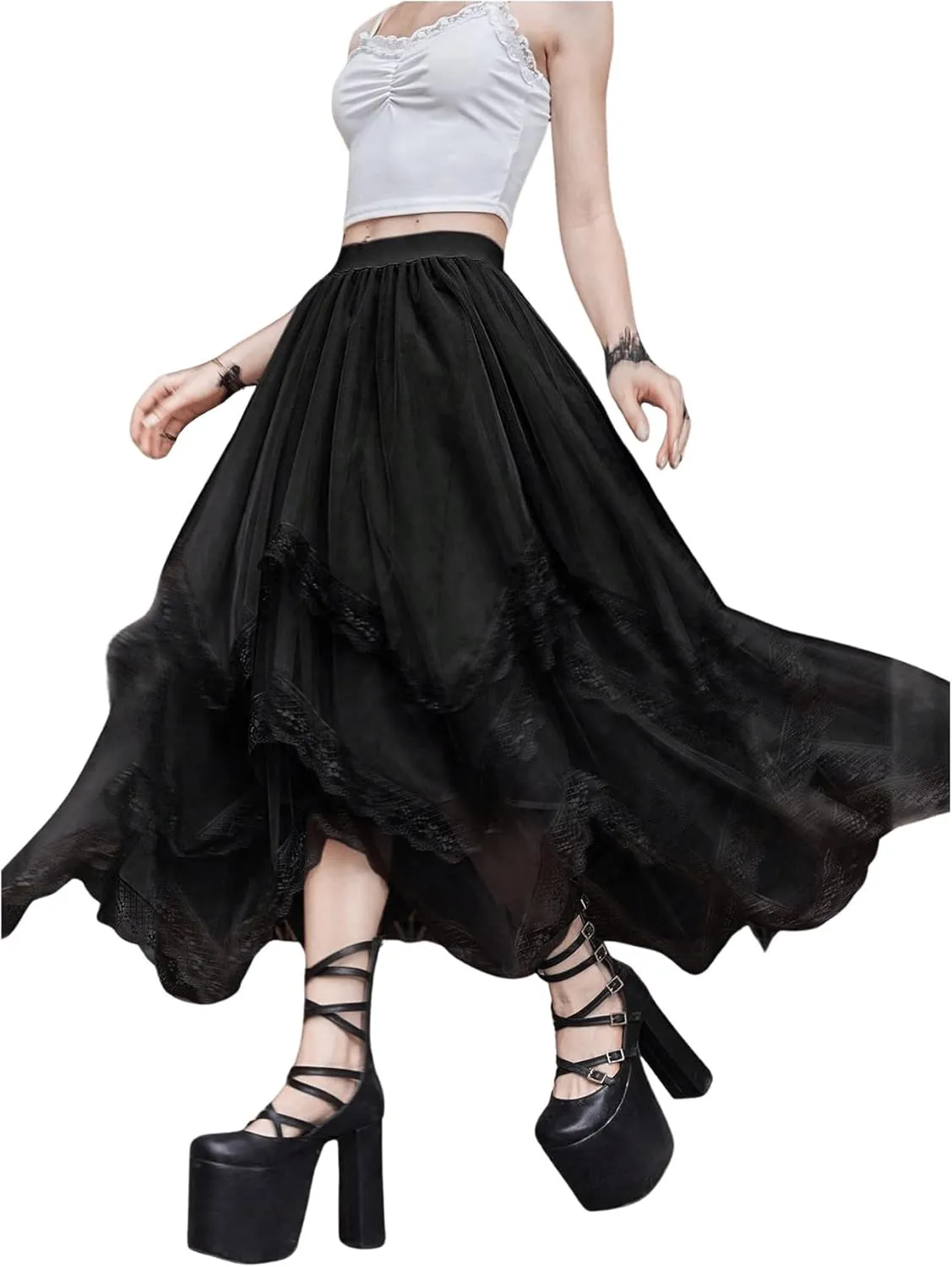 SHENHE Women's Lace Trim Layered Mesh Tulle Skirt High Waist Asymmetrical Long Goth Skirt