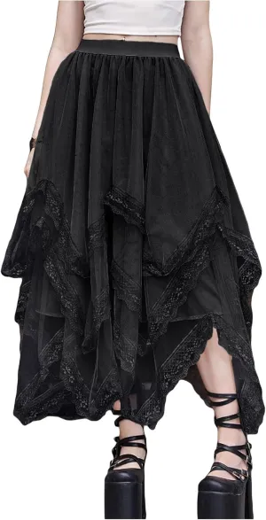SHENHE Women's Lace Trim Layered Mesh Tulle Skirt High Waist Asymmetrical Long Goth Skirt