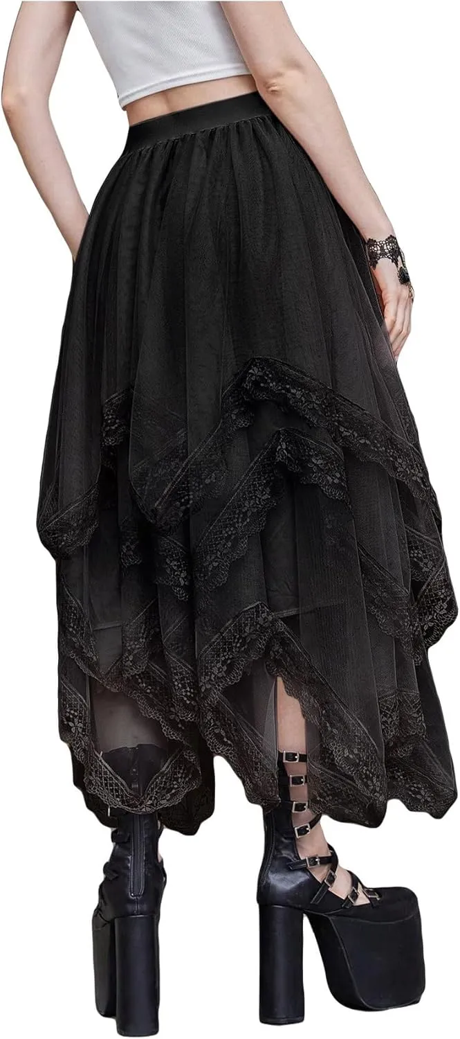 SHENHE Women's Lace Trim Layered Mesh Tulle Skirt High Waist Asymmetrical Long Goth Skirt