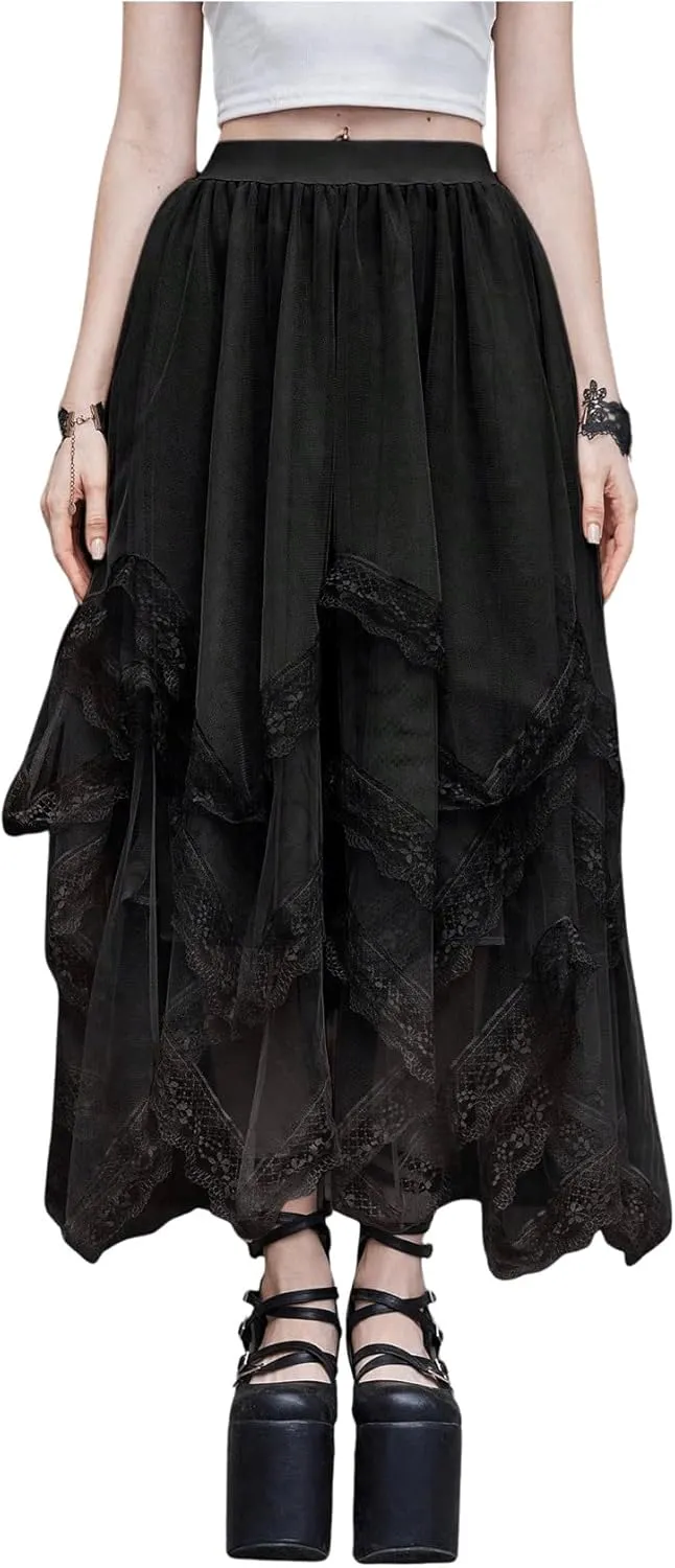 SHENHE Women's Lace Trim Layered Mesh Tulle Skirt High Waist Asymmetrical Long Goth Skirt