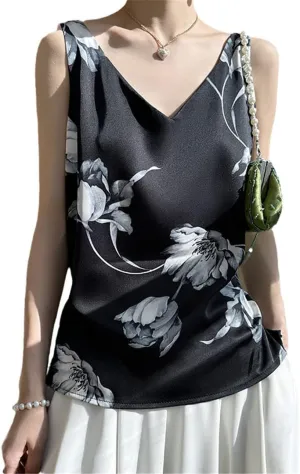 Silk Camisole Women's V-Neck Floral Print with Suit Satin Vest Womens Tops Camisole