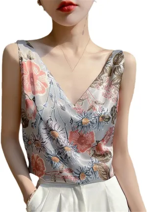 Silk Camisole Women's V-Neck Floral Print with Suit Satin Vest Womens Tops Camisole