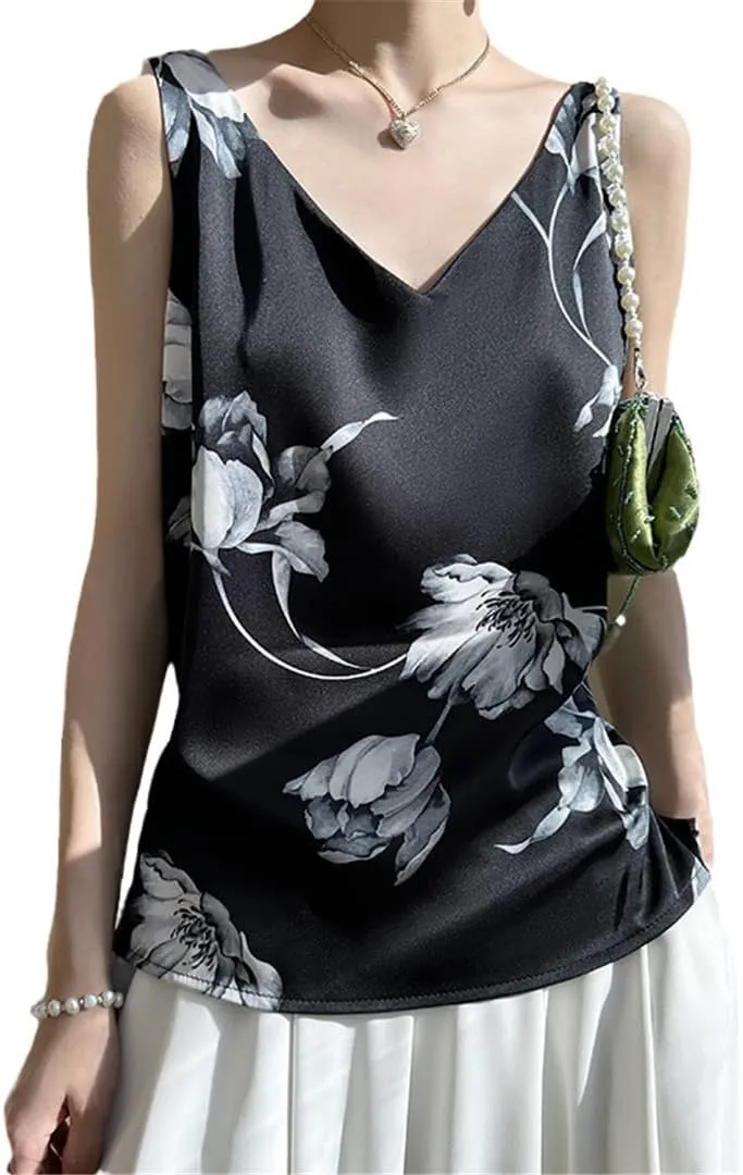 Silk Camisole Women's V-Neck Floral Print with Suit Satin Vest Womens Tops Camisole
