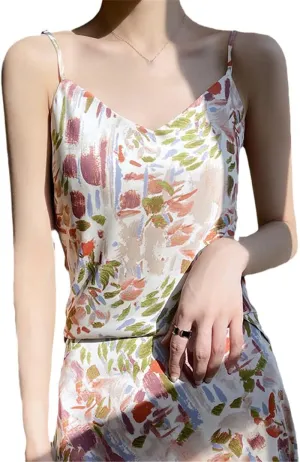 Silk Camisole Women's V-Neck Floral Print with Suit Satin Vest Womens Tops Camisole