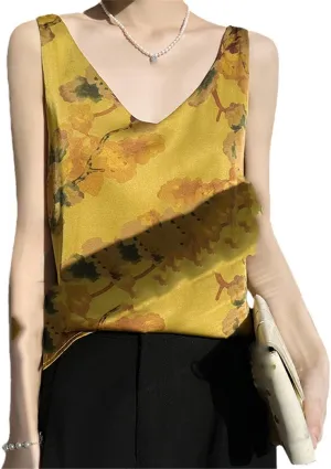 Silk Camisole Women's V-Neck Floral Print with Suit Satin Vest Womens Tops Camisole