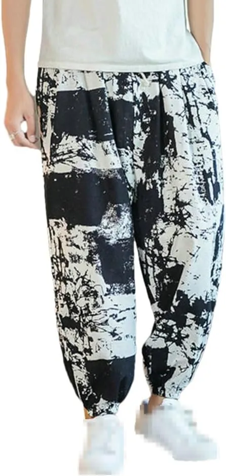 Streetwear Mens Harem Pants Vintage Linen Casual Pants Jogging Male Wide Leg Trousers Big Size