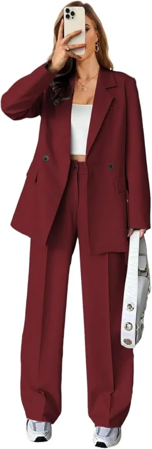 Stripe Pant Suits for Women Dressy Wedding 2 Piece Blazer Pants Casual Double Breasted Tuxedo for Work Professional