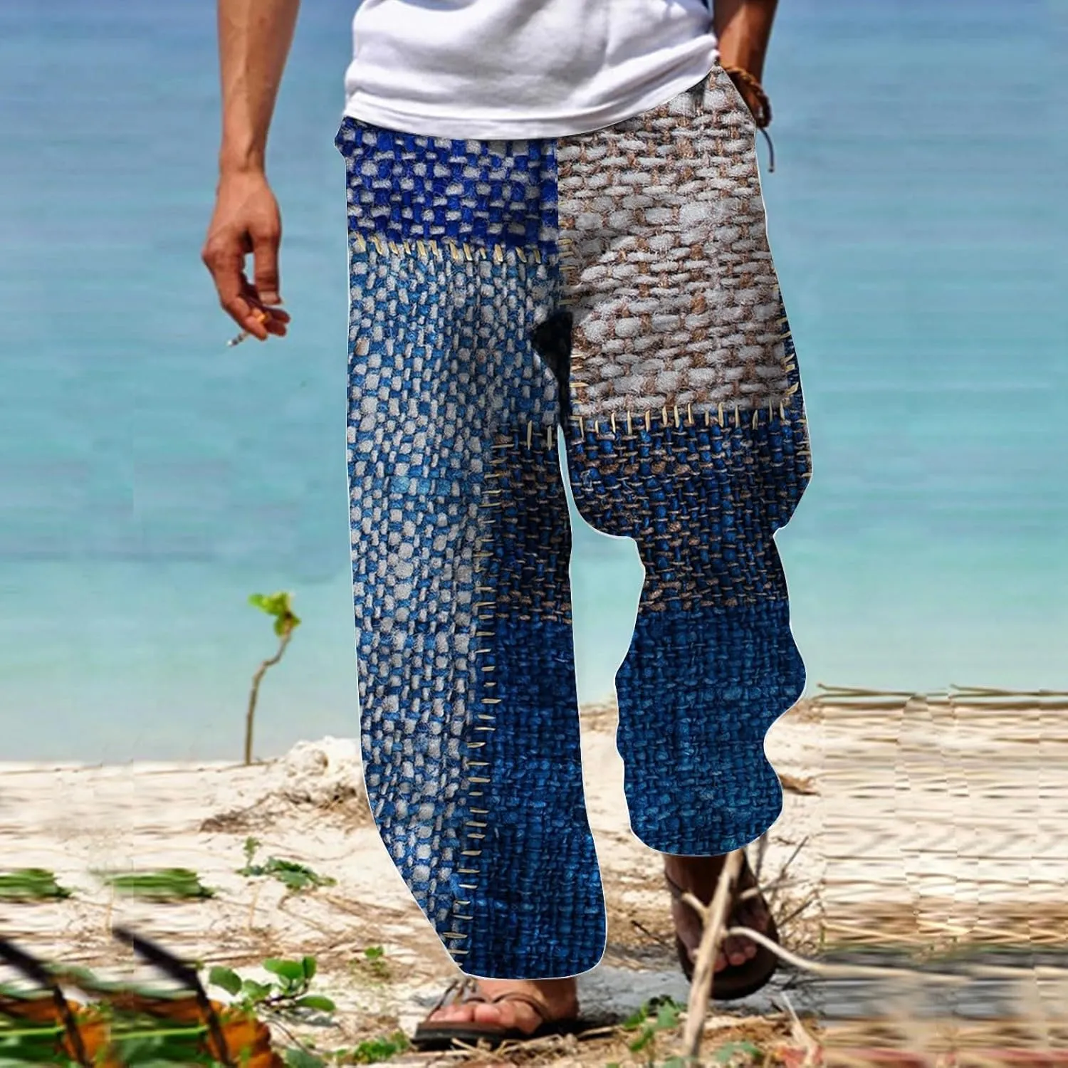 Summer Baggy Boho Pants for Men Hippie Casual Wide Leg Harem Pants Elastic Waist Contrast Beach Yoga Hawaiian Pant