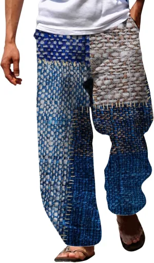 Summer Baggy Boho Pants for Men Hippie Casual Wide Leg Harem Pants Elastic Waist Contrast Beach Yoga Hawaiian Pant