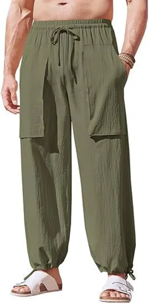 Summer Men's Cargo Multi-Pocket Big & Tall Casual Pants Cotton Hemp Loose Drawstring Leg Pants 2025