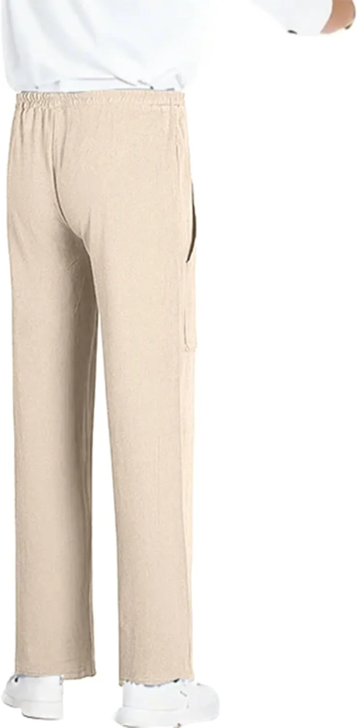 Summer Men's Cargo Multi-Pocket Big & Tall Casual Pants Cotton Hemp Loose Drawstring Leg Pants 2025