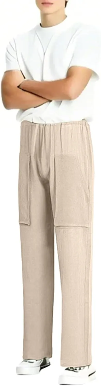 Summer Men's Cargo Multi-Pocket Big & Tall Casual Pants Cotton Hemp Loose Drawstring Leg Pants 2025