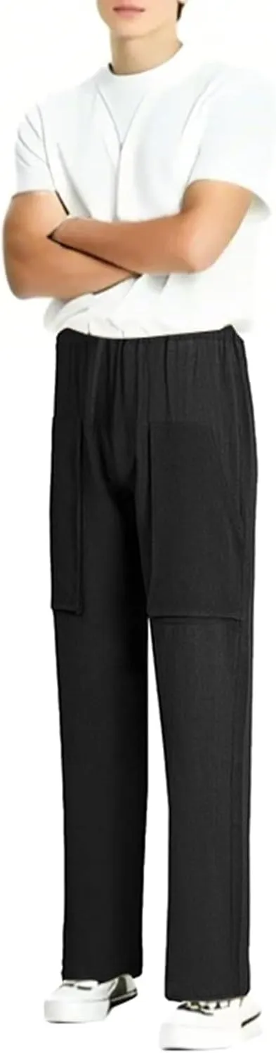 Summer Men's Cargo Multi-Pocket Big & Tall Casual Pants Cotton Hemp Loose Drawstring Leg Pants 2025