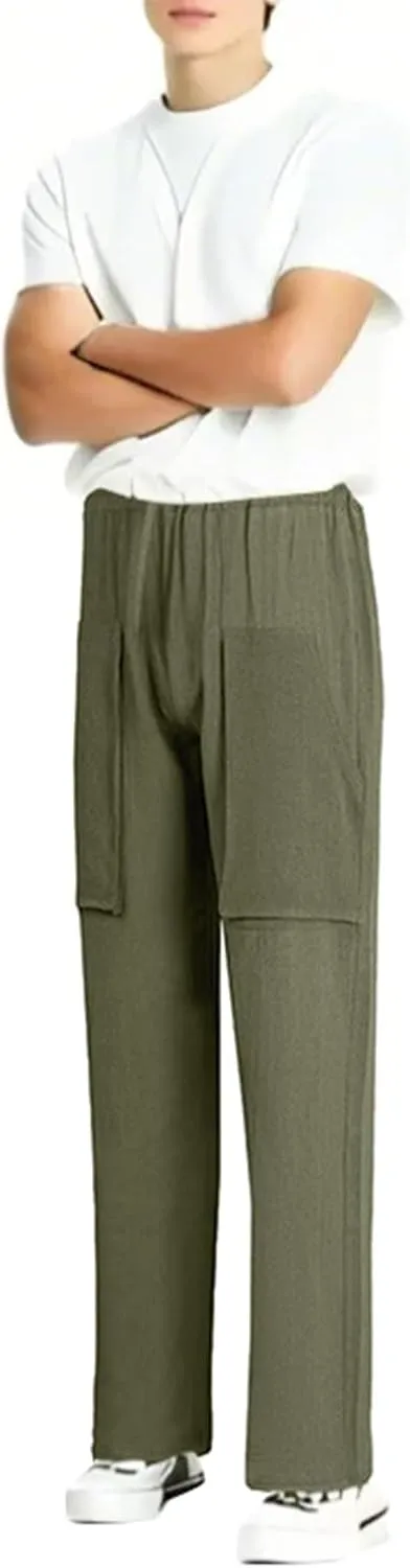 Summer Men's Cargo Multi-Pocket Big & Tall Casual Pants Cotton Hemp Loose Drawstring Leg Pants 2025