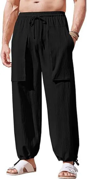 Summer Men's Cargo Multi-Pocket Big & Tall Casual Pants Cotton Hemp Loose Drawstring Leg Pants 2025