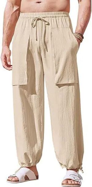 Summer Men's Cargo Multi-Pocket Big & Tall Casual Pants Cotton Hemp Loose Drawstring Leg Pants 2025