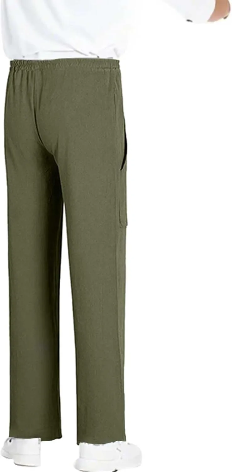 Summer Men's Cargo Multi-Pocket Big & Tall Casual Pants Cotton Hemp Loose Drawstring Leg Pants 2025