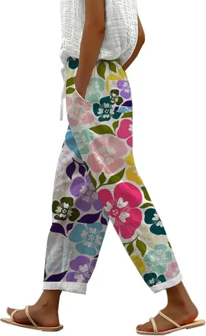 Tall Wide Leg Pants Lounge Printed Pants with Drawstring Vacation Slouchy Style Beach Pants Women Autumn Relax Fit Pant