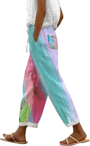 Tall Wide Leg Pants Lounge Printed Pants with Drawstring Vacation Slouchy Style Beach Pants Women Autumn Relax Fit Pant