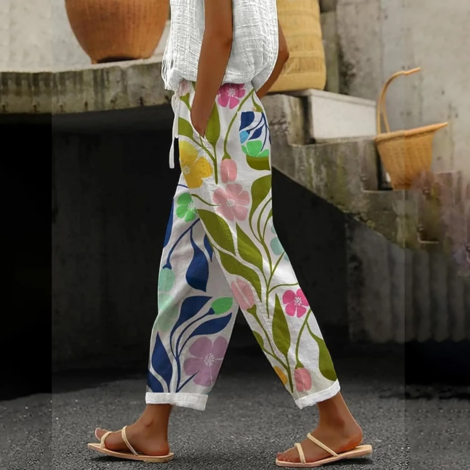 Tall Wide Leg Pants Lounge Printed Pants with Drawstring Vacation Slouchy Style Beach Pants Women Autumn Relax Fit Pant