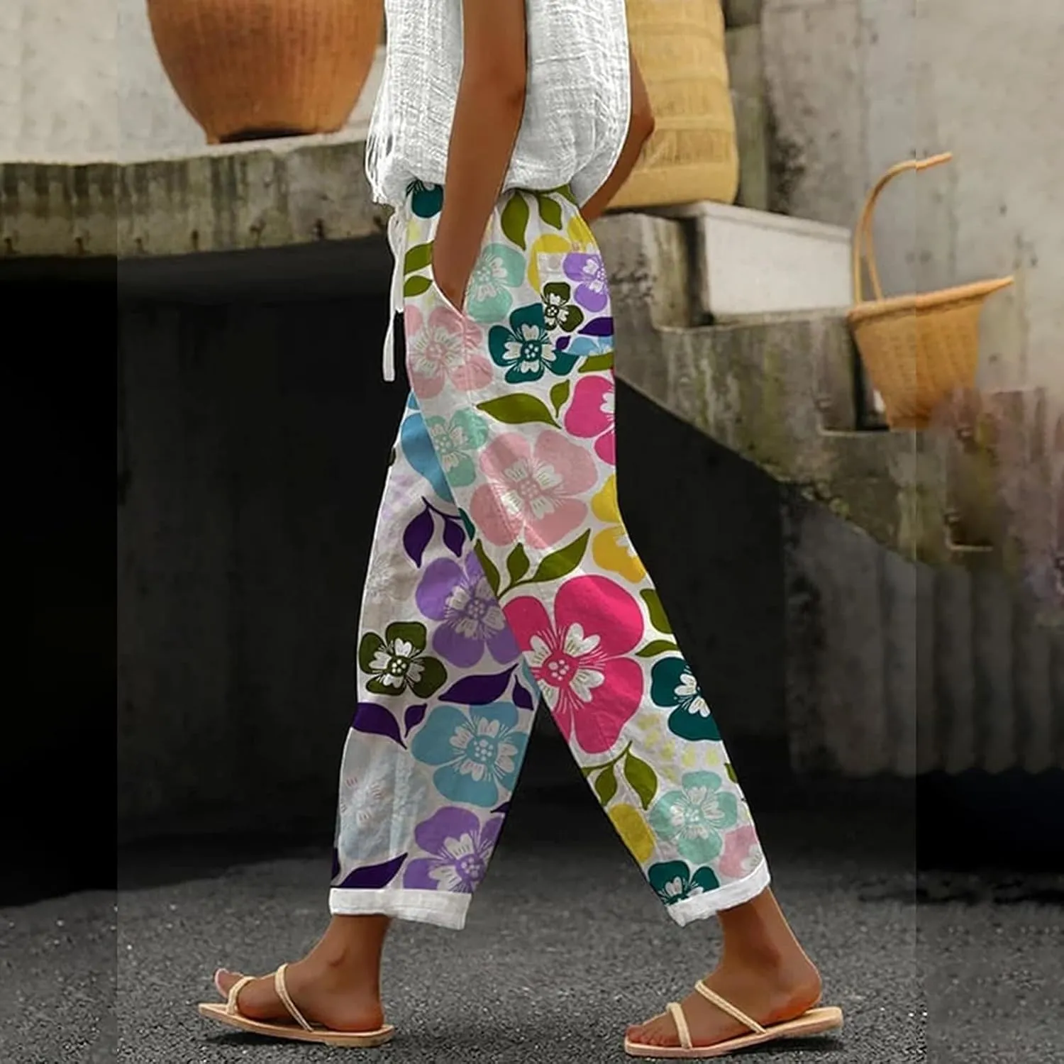 Tall Wide Leg Pants Lounge Printed Pants with Drawstring Vacation Slouchy Style Beach Pants Women Autumn Relax Fit Pant