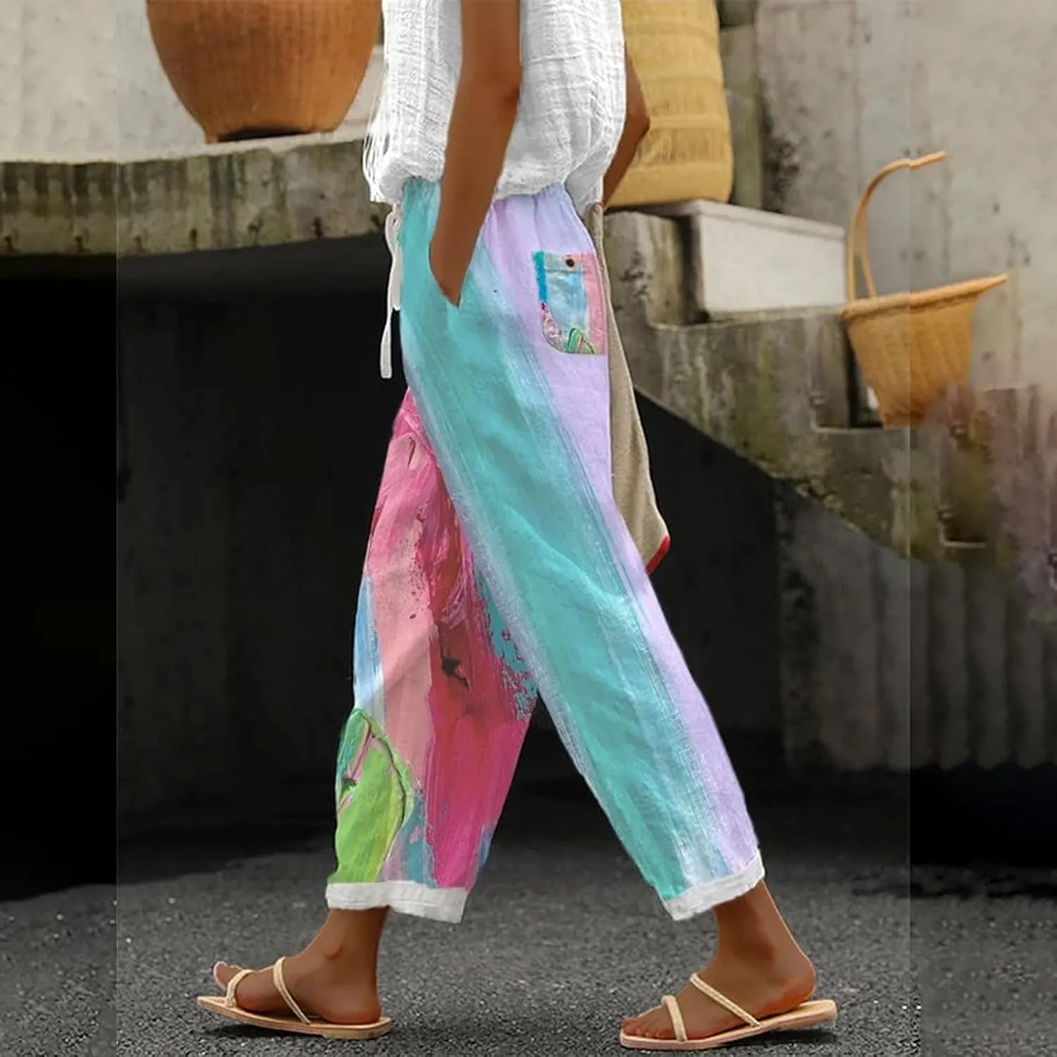 Tall Wide Leg Pants Lounge Printed Pants with Drawstring Vacation Slouchy Style Beach Pants Women Autumn Relax Fit Pant