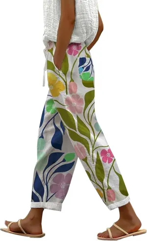 Tall Wide Leg Pants Lounge Printed Pants with Drawstring Vacation Slouchy Style Beach Pants Women Autumn Relax Fit Pant