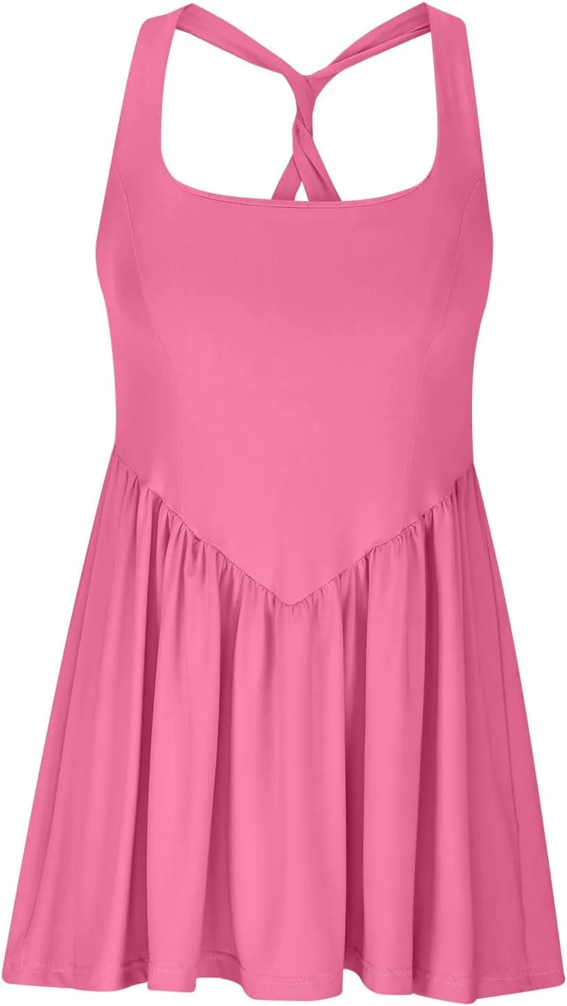 Tennis Dress for Women with Built in Shorts Cross Back Sleeveless Romper Pleated Golf Athletic Workout Dresses
