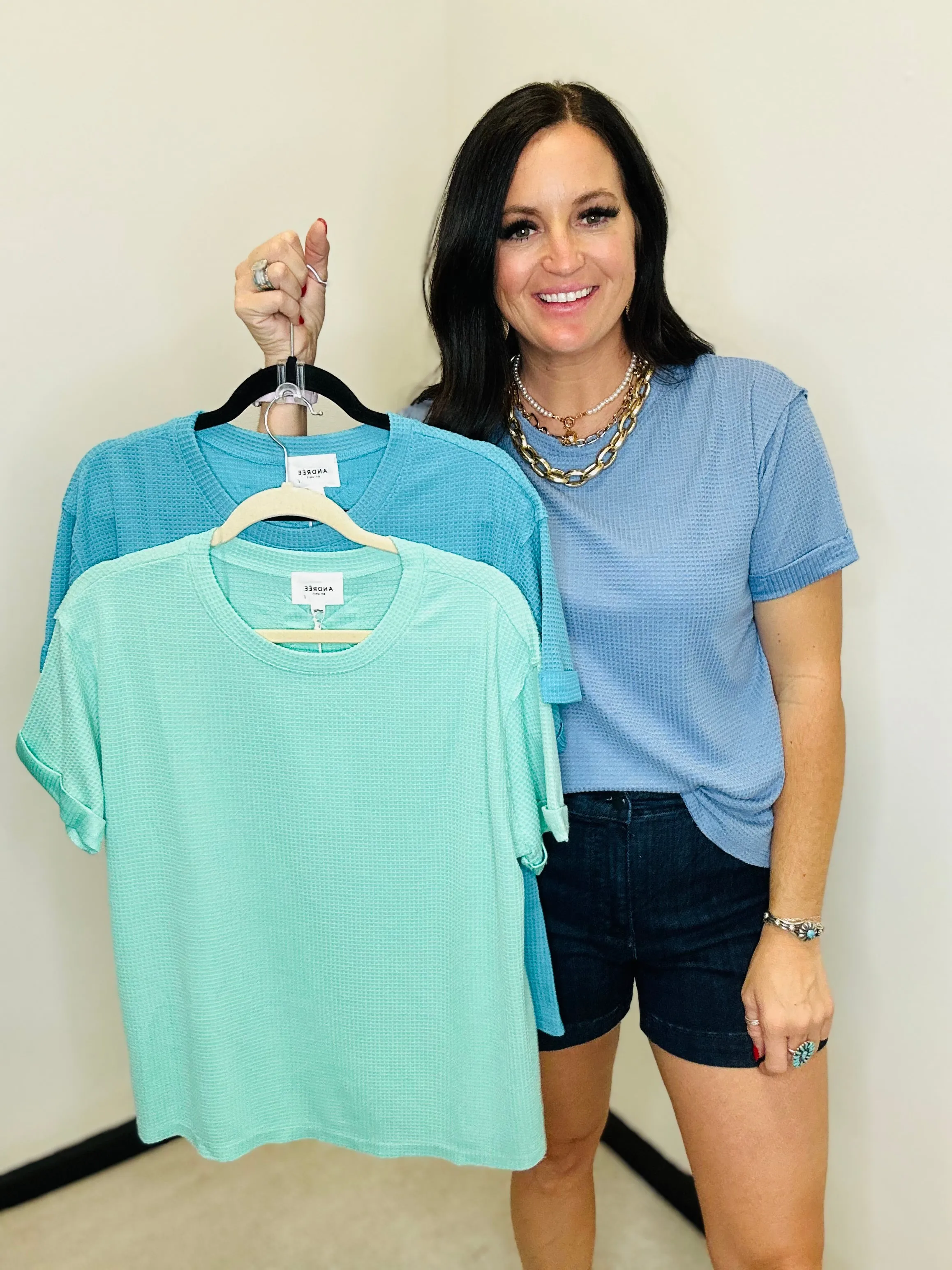 Thelma Thermal Short Sleeve Casual Top Teal