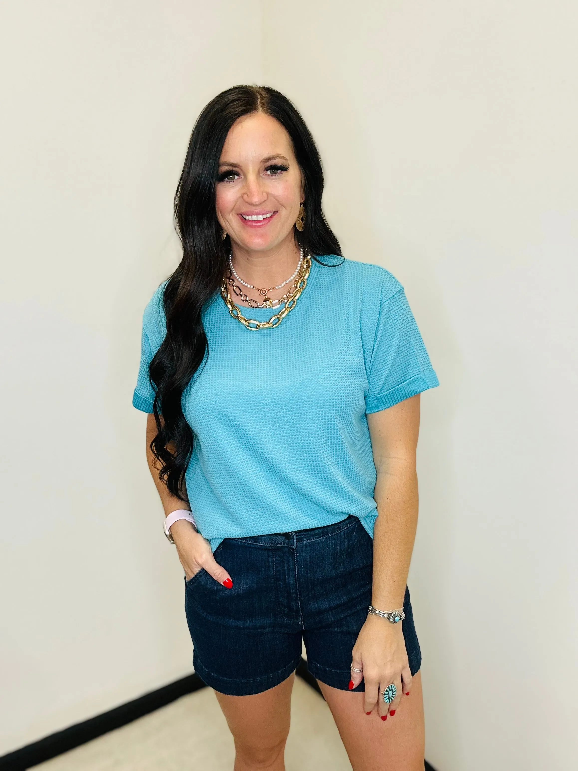 Thelma Thermal Short Sleeve Casual Top Teal