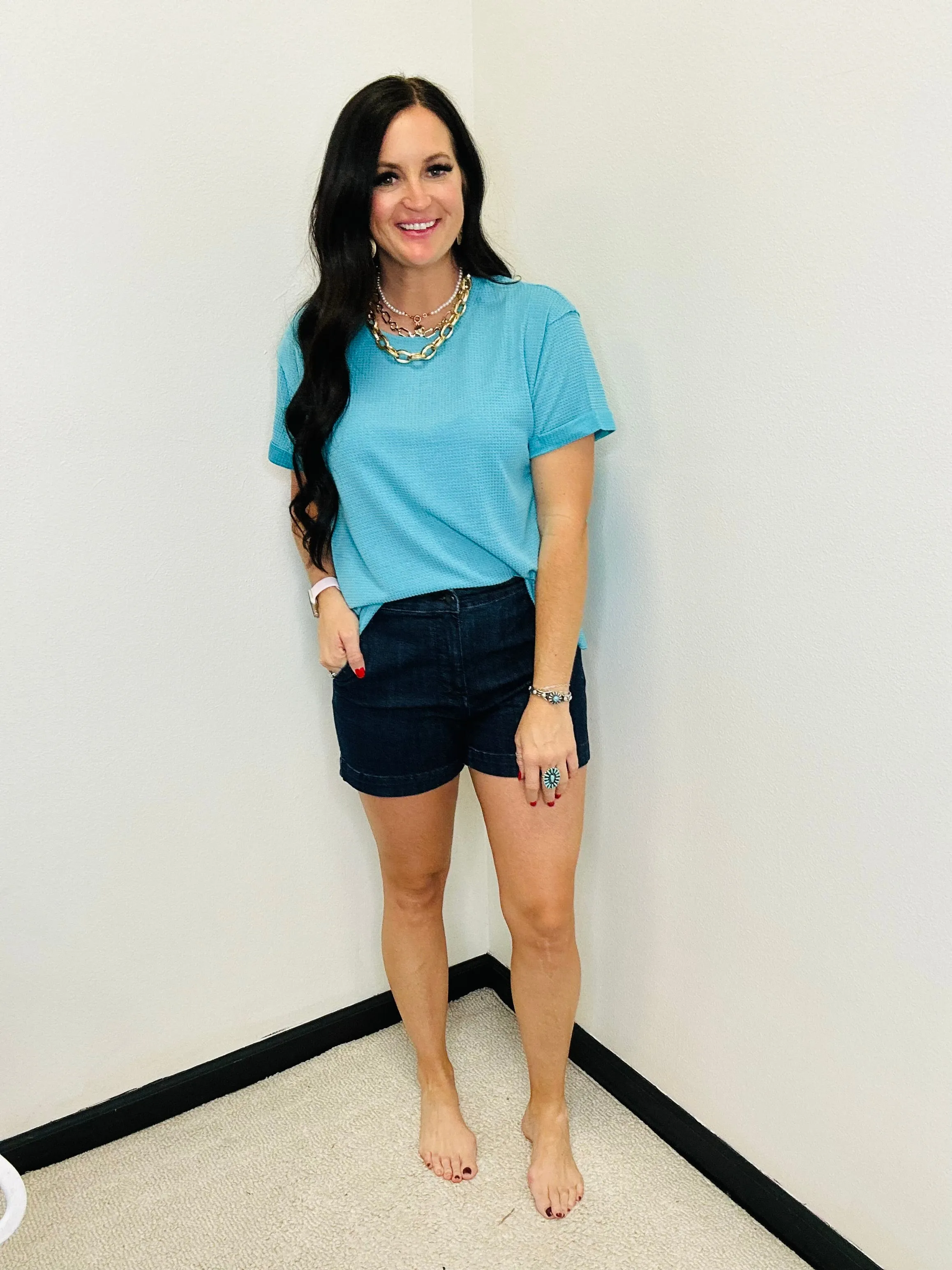 Thelma Thermal Short Sleeve Casual Top Teal