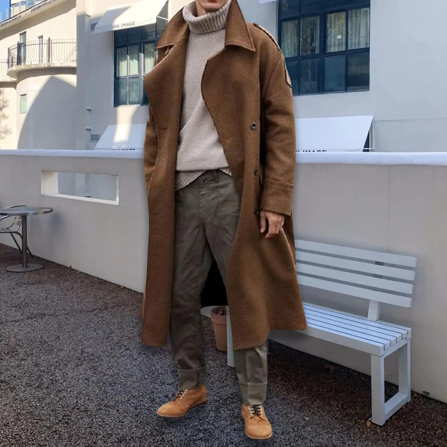 Trench Coat Men Oversized Notched Long Faux Wool Blend Overcoats Single Breasted Knee Length Lapel Winter Jacket