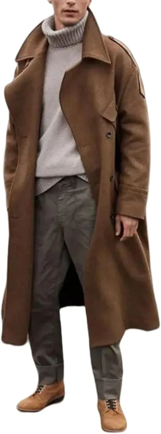 Trench Coat Men Oversized Notched Long Faux Wool Blend Overcoats Single Breasted Knee Length Lapel Winter Jacket