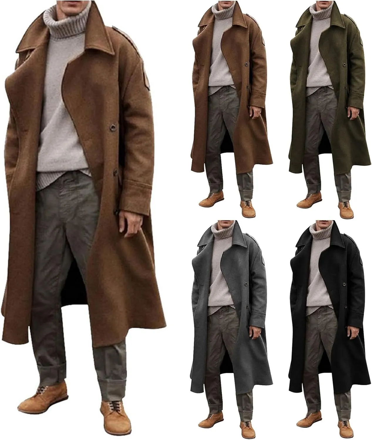 Trench Coat Men Oversized Notched Long Faux Wool Blend Overcoats Single Breasted Knee Length Lapel Winter Jacket
