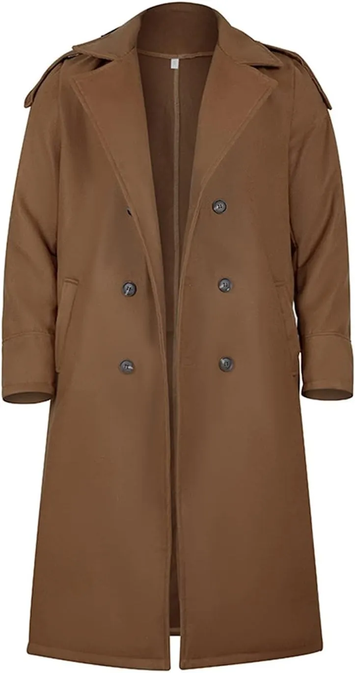 Trench Coat Men Oversized Notched Long Faux Wool Blend Overcoats Single Breasted Knee Length Lapel Winter Jacket