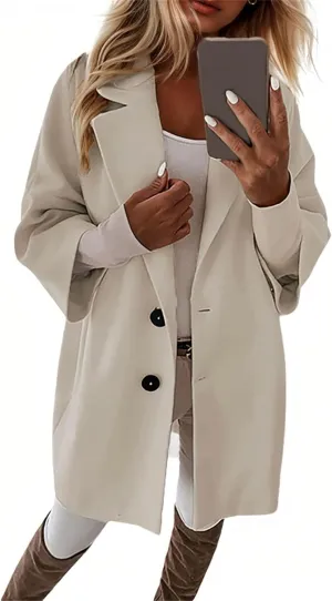 Trench Coat Women 3/4 Sleeve Lapel Neck Winter Pea Coats Casual Thermal Single Breasted Jacket Overcoat with Pockets