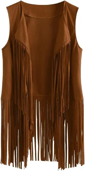 Trendy Faux Suede Fringe Jacket for Women 70s Hippie Cardigans Vest Motorcycle Tassels Sleeveless Coats