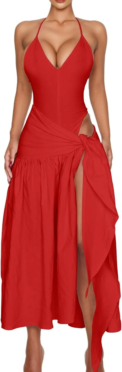 Two Piece Skirt Set Women Sexy Halter Backless Bodysuit and Wrap Tied High Split Summer Maxi Skirt Set