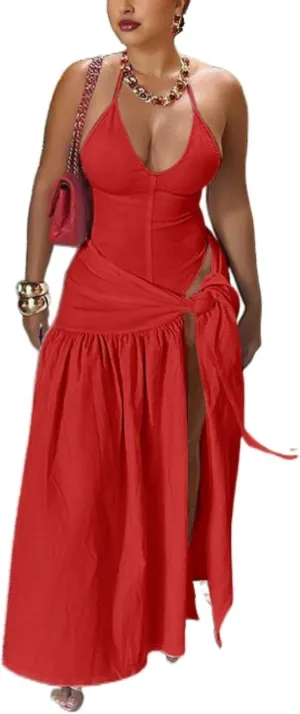 Two Piece Skirt Set Women Sexy Halter Backless Bodysuit and Wrap Tied High Split Summer Maxi Skirt Set