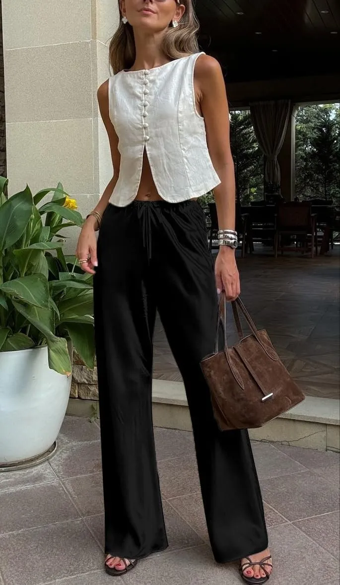 UAURORAO Satin Pants for Women Dressy Silk Wide Leg Lounge Pants Elastic Drawstring Casual Long Flowy Trousers