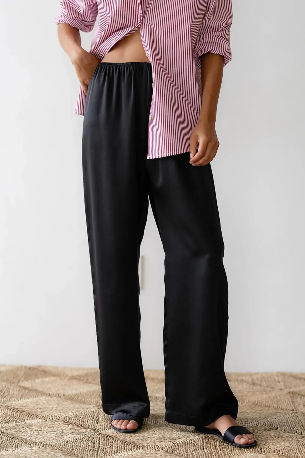 UAURORAO Satin Pants for Women Dressy Silk Wide Leg Lounge Pants Elastic Drawstring Casual Long Flowy Trousers