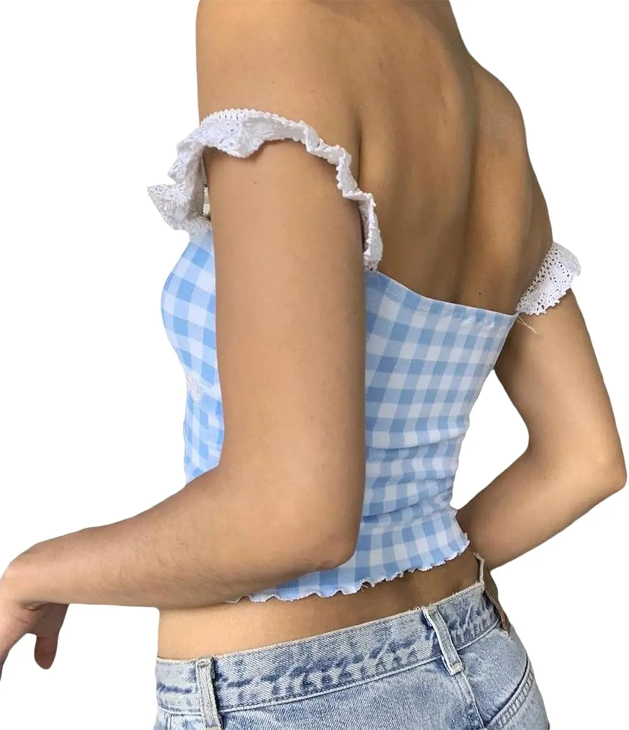 UAURORAO Women Y2k Gingham Peplum Tank Top Spaghetti Strap Plaid Babydoll Cami Shirt Coquette Sexy Cropped Camisole