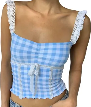 UAURORAO Women Y2k Gingham Peplum Tank Top Spaghetti Strap Plaid Babydoll Cami Shirt Coquette Sexy Cropped Camisole
