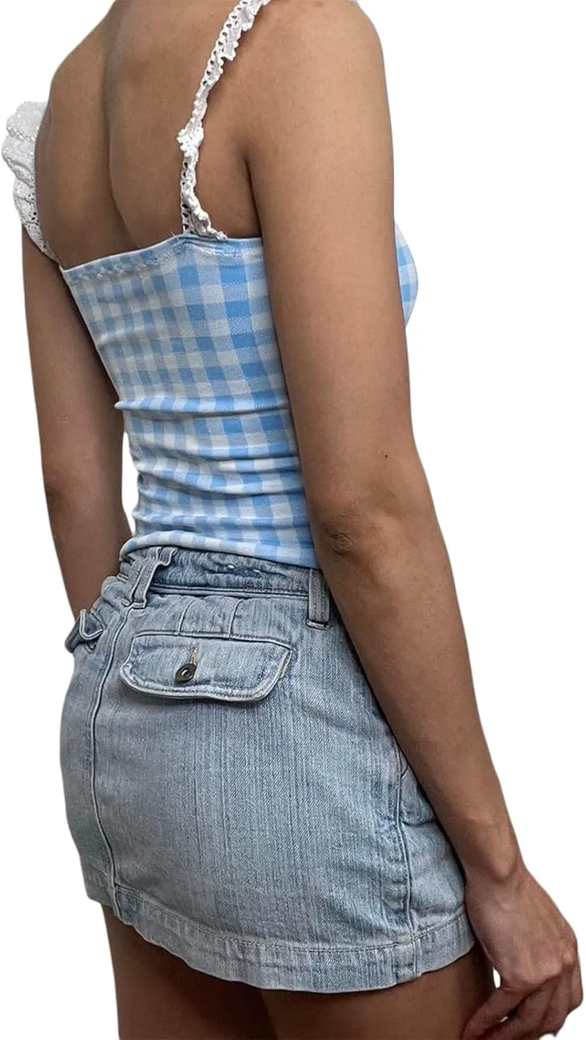 UAURORAO Women Y2k Gingham Peplum Tank Top Spaghetti Strap Plaid Babydoll Cami Shirt Coquette Sexy Cropped Camisole
