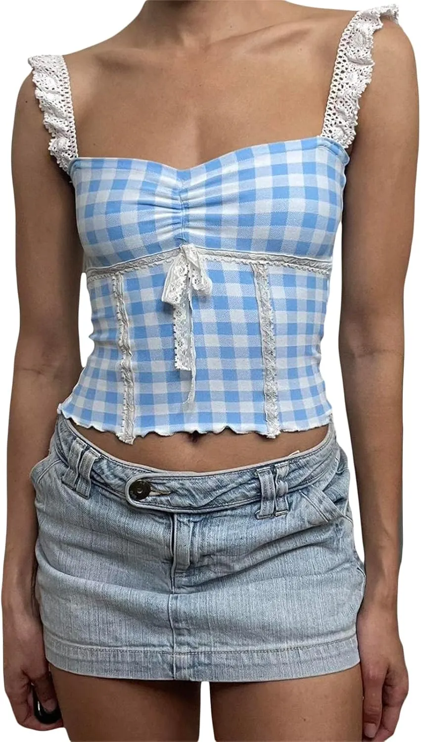 UAURORAO Women Y2k Gingham Peplum Tank Top Spaghetti Strap Plaid Babydoll Cami Shirt Coquette Sexy Cropped Camisole
