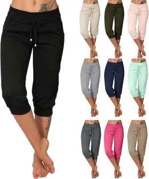 uSecee Womens Capri Sweatpants Drawstring Waist Cropped Yoga Joggers Casual Loose Lounge Pants Palazzo Trousers with Pockets