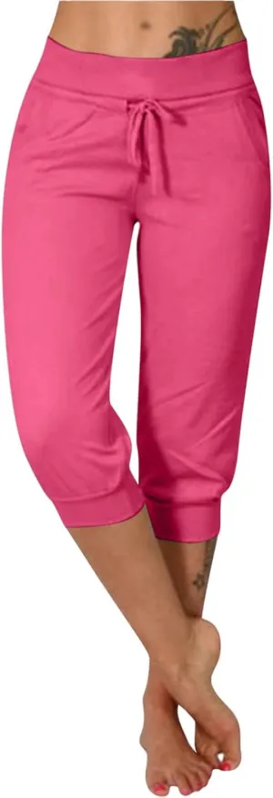 uSecee Womens Capri Sweatpants Drawstring Waist Cropped Yoga Joggers Casual Loose Lounge Pants Palazzo Trousers with Pockets