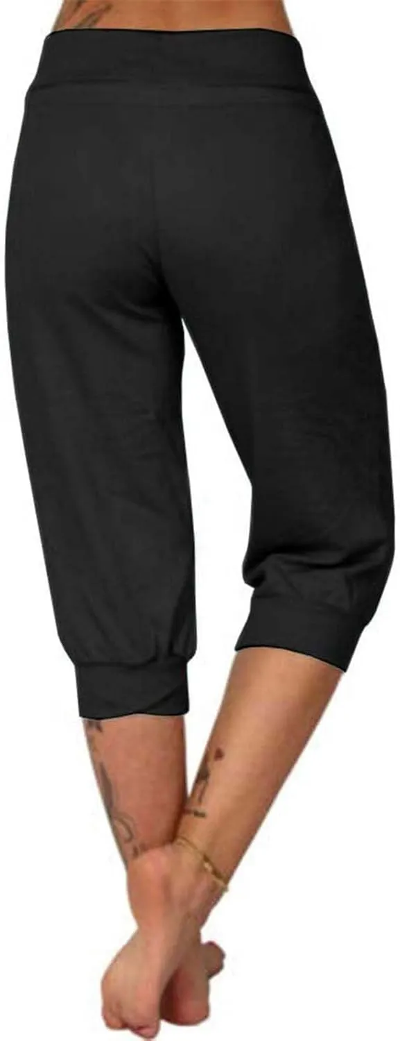 uSecee Womens Capri Sweatpants Drawstring Waist Cropped Yoga Joggers Casual Loose Lounge Pants Palazzo Trousers with Pockets
